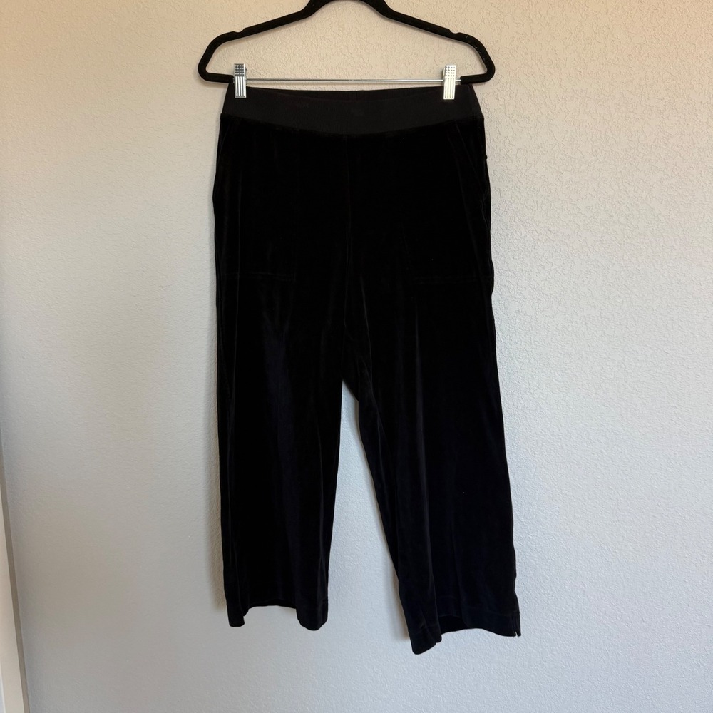 Pact Organic Cotton Velour Wide Leg Crop Pants Black Ribbed Waistband Womens Med